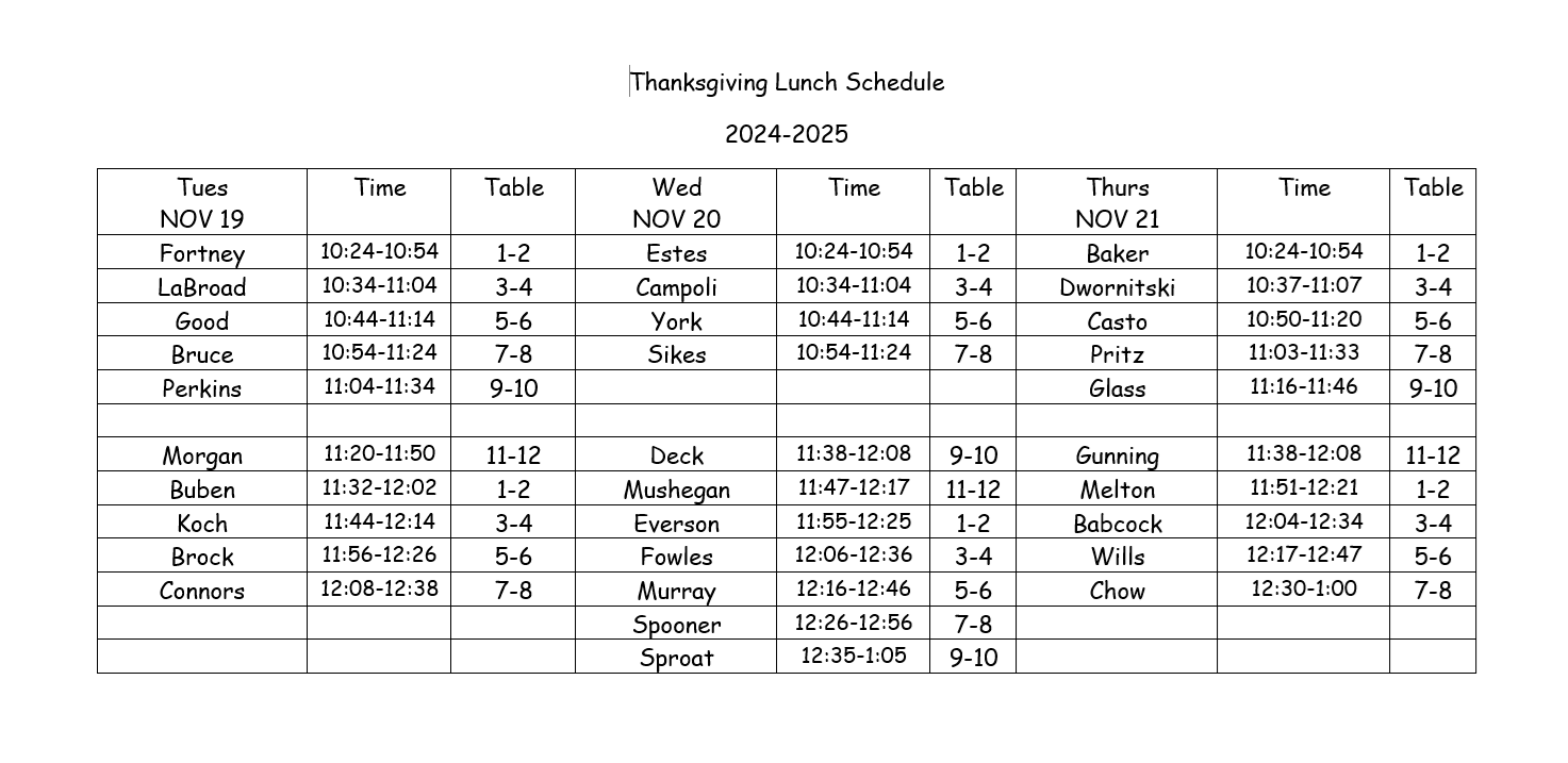 Thanksgiving Lunch Schedule